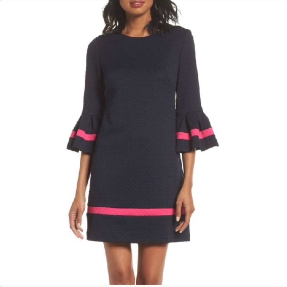 Eliza J. | Navy with Pink Stripe Textured A-line Bell Sleeve Knee Length Dress
